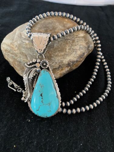 Men's Kingman Turquoise Pendant | Navajo Pearls Sterling Silver Necklace | Authentic Native American Handmade | 4299