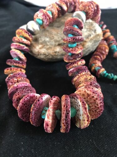 Authentic Native American Navajo Necklace | Purple Spiny Oyster & Turquoise | Sterling Silver | 24" Graduated