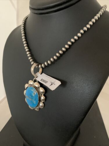 Men's Navajo Pearl Necklace with Blue Kingman Turquoise Pendant | Sterling Silver | 00905