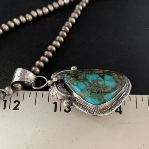 Navajo Spiderweb Turquoise Pendant Necklace | 2.25" | Sterling Silver | Authentic Native American Handmade | 13979