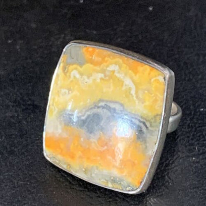 Yellow Square Bumble Bee Jasper Ring Sz 8 Adjustable | Navajo Sterling Silver | Handmade 14022