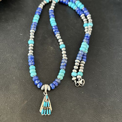 Zuni Blue Turquoise Lapis Multi-Stone Necklace Pendant | Authentic Native American Sterling Silver | 14639