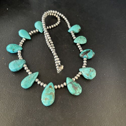 Navajo Teardrop Blue Turquoise Necklace | Sterling Silver Pearls | Authentic Native American Handmade | 14388