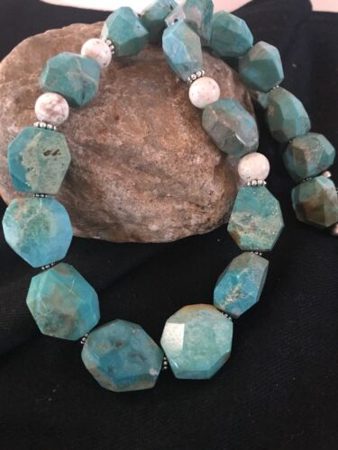 Chunky Turquoise Men's Necklace | Sterling Silver Faceted | Southwestern Navajo | 21" |  8140