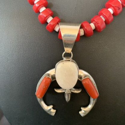 Navajo White Buffalo Turquoise Coral Naja Pendant | Sterling Silver | Authentic Native American Handmade | 10517