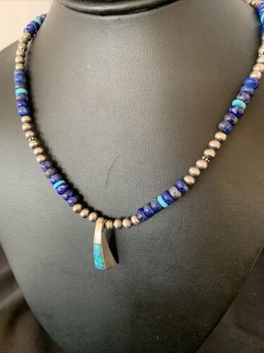 Navajo Men's Pendant | Blue Lapis Turquoise Opal Inlay | Sterling Silver Necklace | 22" | 13387