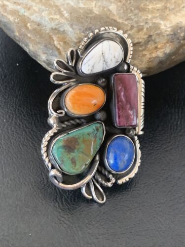 Navajo White Buffalo Spiny Oyster Lapis Multi-Stone Ring | Authentic Native American Sterling Silver | Sz 10.5 | 11568