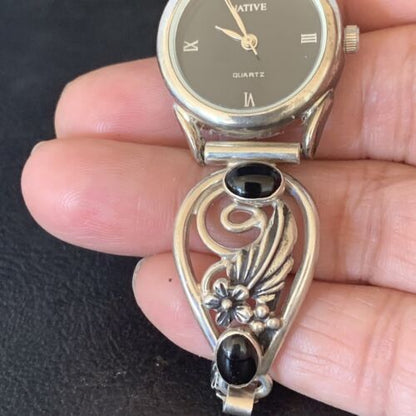 Authentic Navajo Sterling Silver Watch Tips with Black Onyx Band | Women's Feather Design | Native American Jewelry | 14042