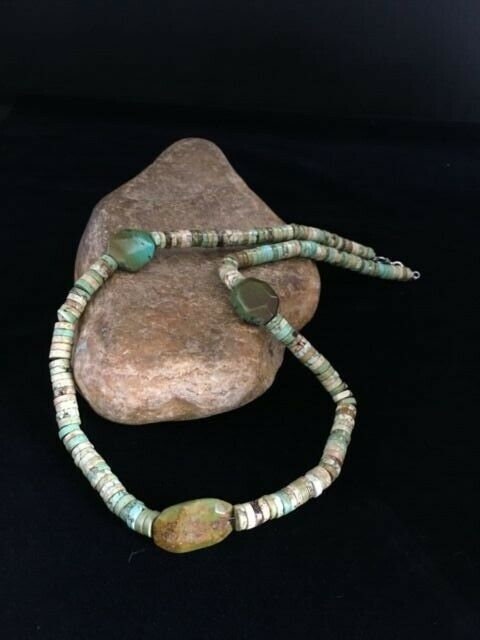 Men's Chunky Navajo Green Turquoise Heishi Necklace | Sterling Silver | 23" | Authentic Native American Handmade | 1785