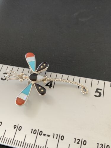 Zuni Turquoise Mother of Pearl Inlay Dragonfly Necklace Pin Pendant | Sterling Silver | 12322