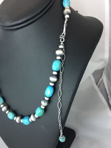 Authentic Native American | Navajo Sterling Silver Turquoise Necklace | Blue Green | 18" | 384