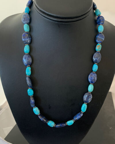 Navajo Denim Lapis & Turquoise Beads Necklace | Sterling Silver | Authentic Native American Handmade | 20" | 01038