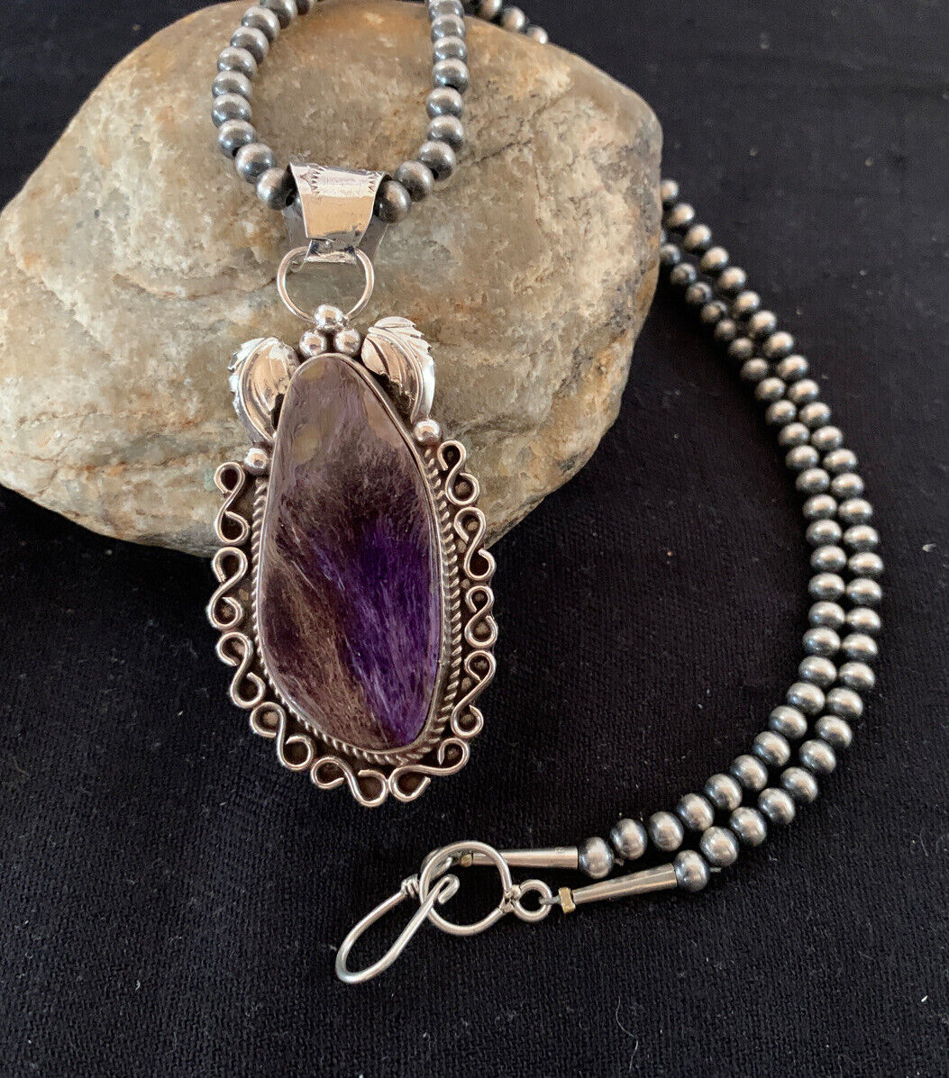 Navajo Pearls Necklace with Purple Charoite Pendant | Sterling Silver | Authentic Native American Handmade | 652