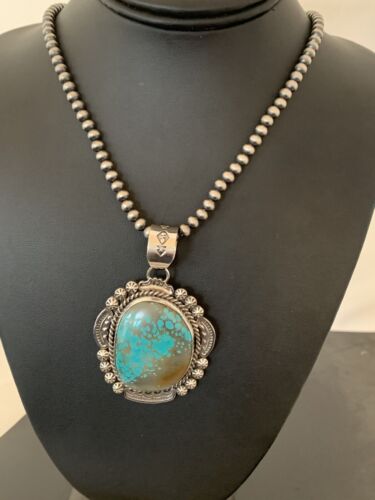 Men's Navajo Pearls Necklace Pendant | Sterling Silver | Blue Turquoise #8 | Authentic Native American Handmade | 528