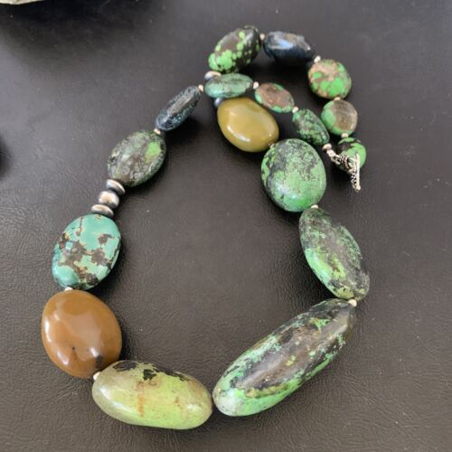 Navajo Sterling Silver Graduated Green Nugget Turquoise Necklace | Authentic Native American | 21" | 10726