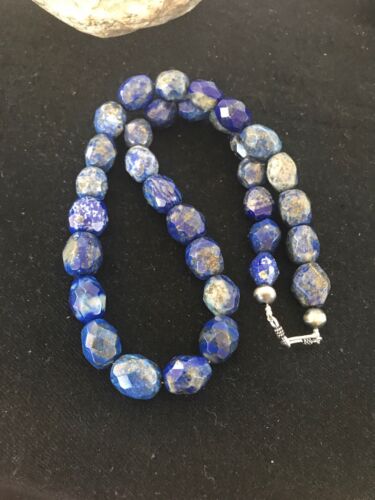 Navajo Chunky Faceted Denim Lapis Beads Necklace | Sterling Silver | Authentic Native American Handmade | 21" | 13973