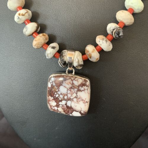 Navajo Coral Wild Horse Turquoise Pendant Necklace | Sterling Silver | Authentic Native American Handmade | 10267
