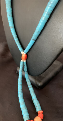 Southwestern Santo Domingo Pink Coral Blue Turquoise Jacla Necklace | 20" | Authentic Native American Handmade | 12516