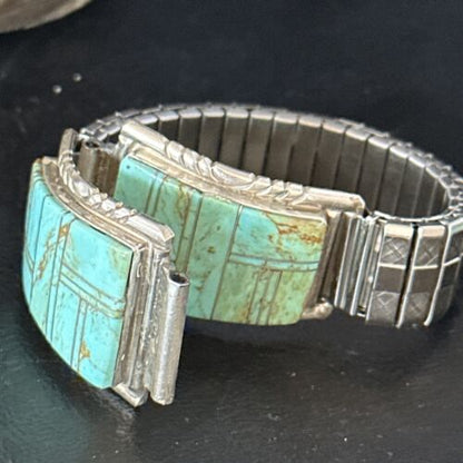 Authentic Navajo Men's Wristwatch | Blue Turquoise Inlay | Sterling Silver Tips | Native American Jewelry | 14395