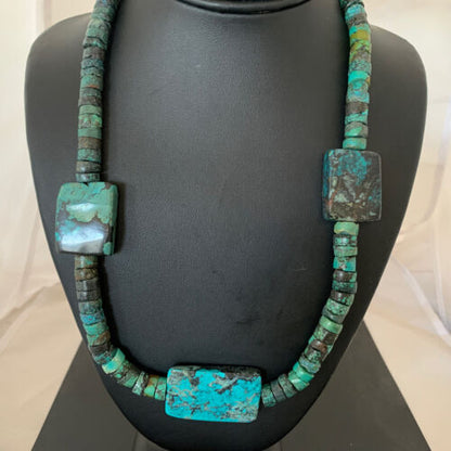 Native American Rustic Turquoise Nugget Heishi Bead Necklace | Sterling Silver | 22" | 1399