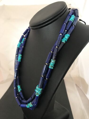 Turquoise Denim Lapis Multi Strand Navajo Necklace | Sterling Silver 23" | Southwestern | 3318 - Masha USA