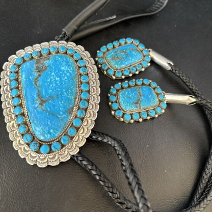 Navajo Blue Kingman Turquoise Bolo Tie | Sterling Silver | Authentic Native American Handmade | 14228