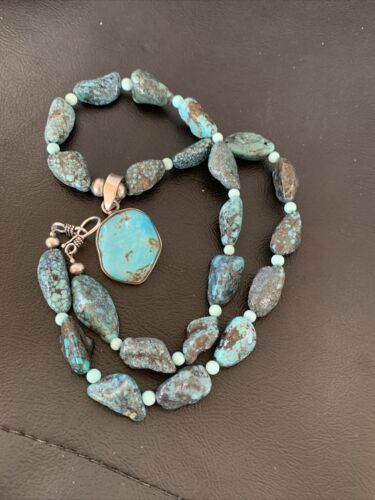 Men's Navajo Kingman Turquoise Pendant Necklace | Sterling Silver | 20" | Authentic Native American Handmade | 10224