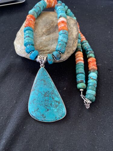 Spiny Oyster Turquoise Navajo Pearls | Spiderweb Pendant | Sterling Necklace | Southwestern | 00835
