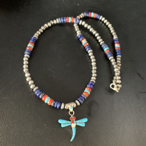 Navajo Dragonfly Pendant | Sterling Silver Turquoise Coral Multi-Color Inlay | Authentic Native American Handmade | 13515