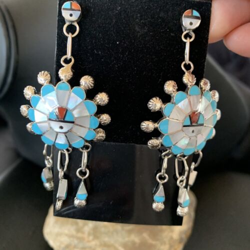 Zuni Sun Face Kingman Turquoise White Mother of Pearl Dangle Earrings | Sterling Silver | 12125