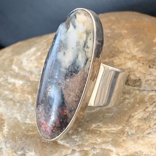 Navajo Men's White Black Cinnabrite Ring | Sterling Silver | Sz 8.5 | Authentic Native American Handmade | 01552
