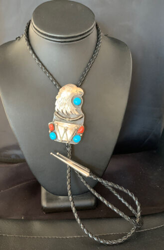 Navajo Eagle Head Bolo Tie | Men's Blue Kingman Turquoise Coral | Sterling Silver | 13670 - Masha USA