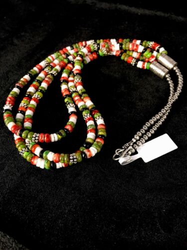 Native American Turquoise & Spiny Oyster Necklace | Sterling Silver | Multi-Strand | 8745