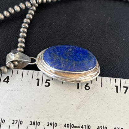 Native American Men's Navajo Pearls Necklace Pendant | Sterling Silver Lapis | 14467
