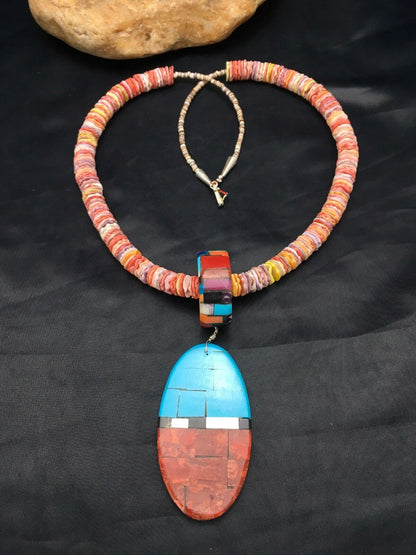Authentic Native American Santo Domingo Multi-Color Spiny Sterling Silver Necklace with Inlay Pendant | 24" | 2915
