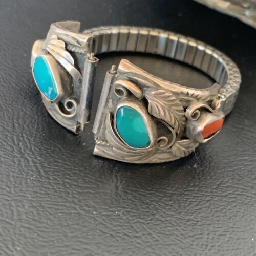 Navajo Sterling Silver Watch Tips | Old Pawn Turquoise & Coral Band | Authentic Native American Jewelry | 11931