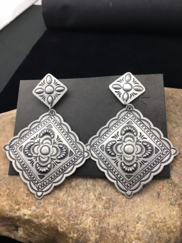 Handmade Sterling Silver Stamped Earrings | Navajo | Authentic Native American Jewelry | 2.75" | 01725 - Masha USA