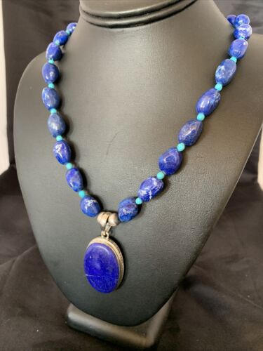Navajo Blue Lapis Turquoise Pendant Necklace | Sterling Silver | 20" | Authentic Native American Handmade | 10522
