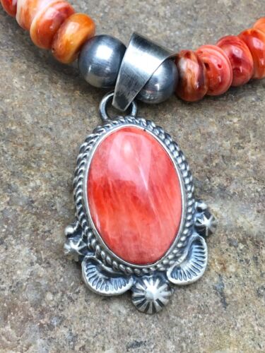 Navajo Orange Spiny Oyster Pendant Necklace | Sterling Silver Beads | Authentic Native American Handmade | 2689 - Masha USA