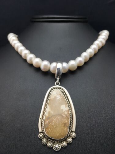 Nevada Turquoise and White Pearl Pendant Necklace | Sterling Silver | 20" | 4390