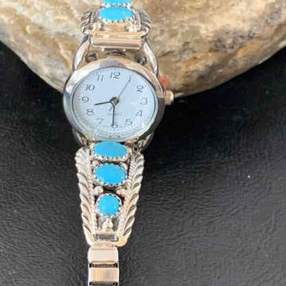 Navajo Sterling Silver Watch Tips with Blue Kingman Turquoise | Stretch Band | Authentic Native American Jewelry | 11578