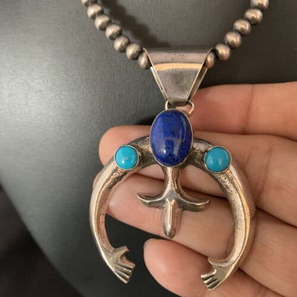 Navajo Blue Lapis Turquoise Pendant Necklace | Authentic Native American Sterling Silver | Naja | 13631