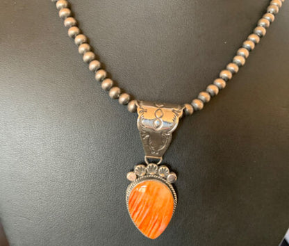 Navajo Orange Spiny Oyster Pendant Necklace | Sterling Silver | Authentic Native American Handmade | 13079