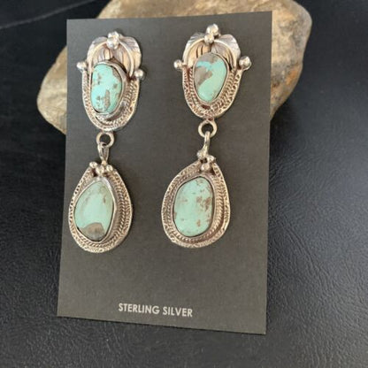 Navajo Blue Dry Creek Turquoise Post Dangle Earrings | Sterling Silver | Authentic Native American Handmade | 13816