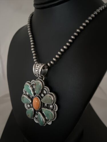 Navajo Spiny Oyster & Turquoise Cluster Pendant Necklace | Sterling Silver | Native American Handmade | 1119