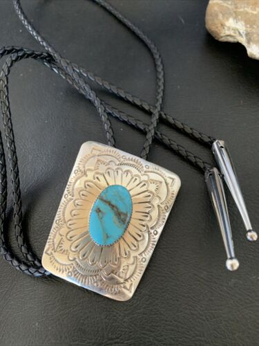 Men's Bolo Tie | Navajo Blue Kingman Turquoise | Sterling Silver | Authentic Native American Handmade | 12144