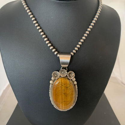 Men's Navajo Pearls Necklace with Sterling Silver Coffee Tigers Eye Pendant | Authentic Native American Handmade | 01771