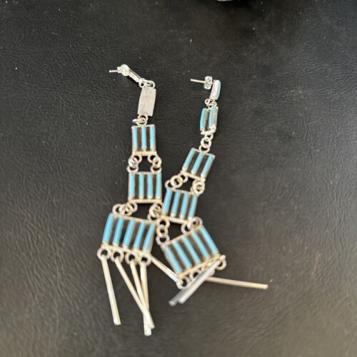 Zuni Kingman Turquoise Needle Point Dangle Earrings | Sterling Silver | Authentic Native American Handmade | 14409