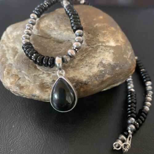 Native American Men's Navajo Pearl Necklace Pendant | Sterling Silver Black Onyx | 11908