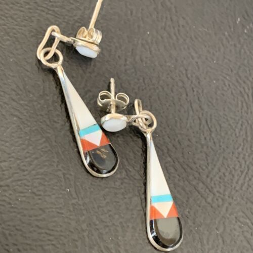 Old Pawn Zuni Multi-Color Turquoise Onyx Inlay Earrings | Sterling Silver | Authentic Native American Handmade | 2043